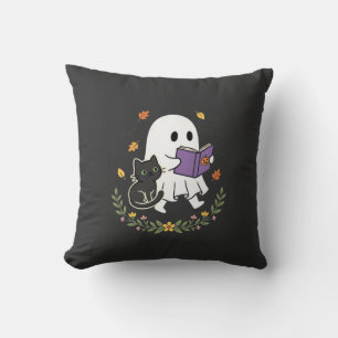 Halloween Ghost Cat Reading Book Floral Design_1 Throw Pillow