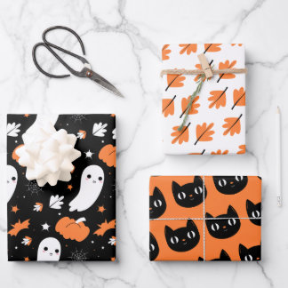 Halloween Ghost, Cat, Spooky Fall Wrapping Paper Sheet