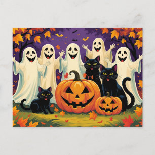 Halloween Ghost, Cats and Pumpkins  Holiday Postcard