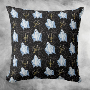 Halloween Ghost, Cobwebs & Candelabra Gothic Black Throw Pillow