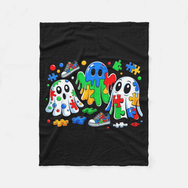 Halloween Ghost Colorful Puzzle Ribbon Autism Awar Fleece Blanket (Front)