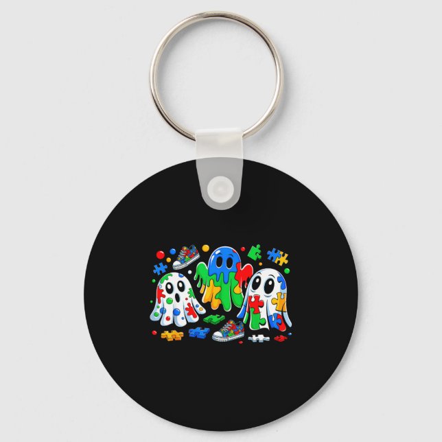 Halloween Ghost Colorful Puzzle Ribbon Autism Awar Keychain (Front)