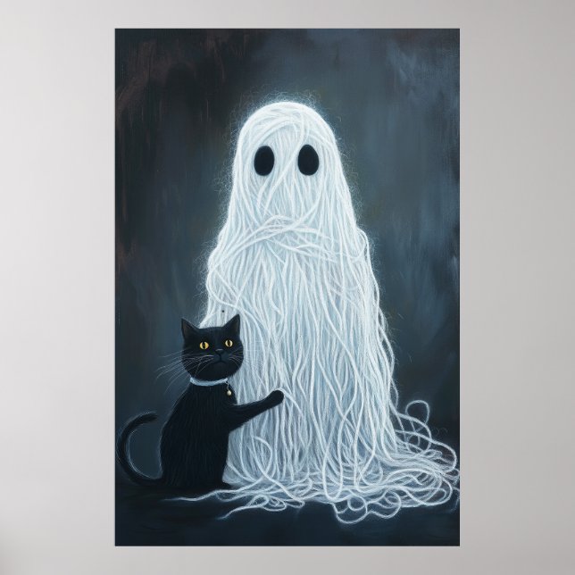 Halloween Ghost Covered in Yarn and Black Cat Poster (Front)