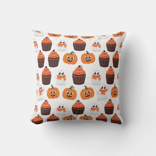 Halloween Ghost, Cupcakes and Pumpkins Throw Pillow (Front)