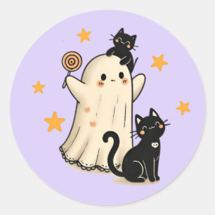 Halloween Ghost & Cute Black Cats Classic Round Sticker