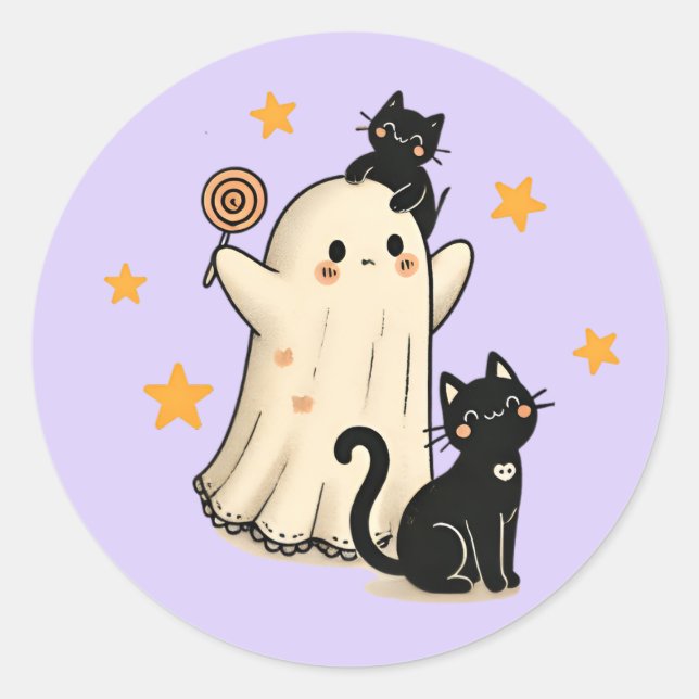 Halloween Ghost & Cute Black Cats  Classic Round Sticker (Front)