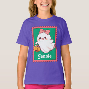 Halloween Ghost Cute Coquette Bow Custom Name T-Shirt