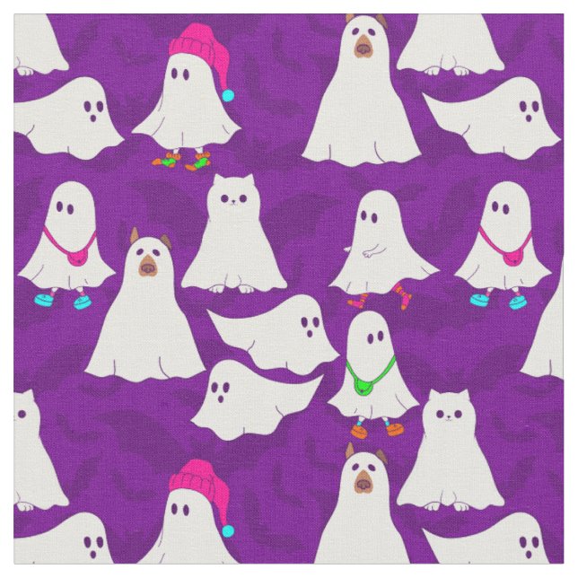 halloween ghost dog cat purple  fabric (Close Up)