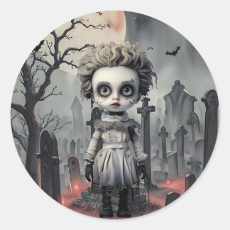 Halloween Ghost Doll at Graveyard Classic Round Sticker