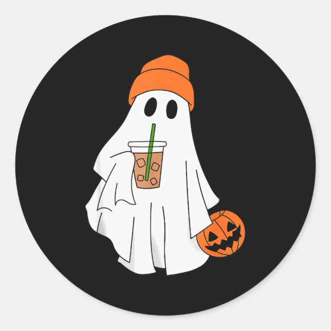 Halloween Ghost Drinking Coffee Ghost Ice Coffee M Classic Round Sticker (Front)