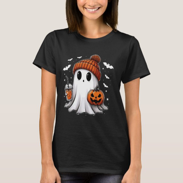 Halloween Ghost Drinking Coffee, Ghost Ice Coffee  T-Shirt (Front)