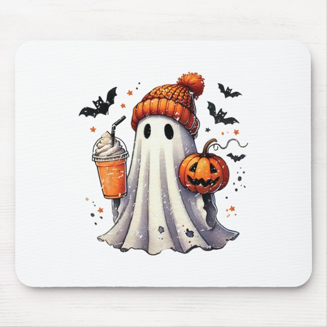 Halloween Ghost Drinking Coffee  Mouse Pad (Front)