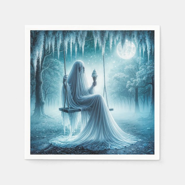 Halloween Ghost Eating An Ice Cream Cone Napkin (Front)