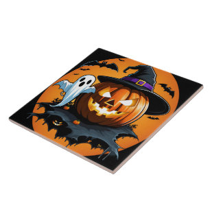 Halloween ghost floats beside a carved pumpkin tile