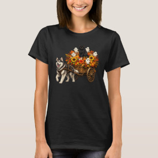 Halloween Ghost Flower Wagon with Husky and Black  T-Shirt