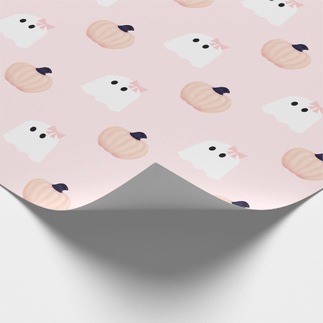Halloween Ghost Girl Orange Pumpkin Pattern Pink Wrapping Paper (Corner)