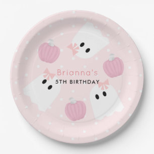 Halloween Ghost GIrl & Pumpkin Birthday Pink Paper Plate