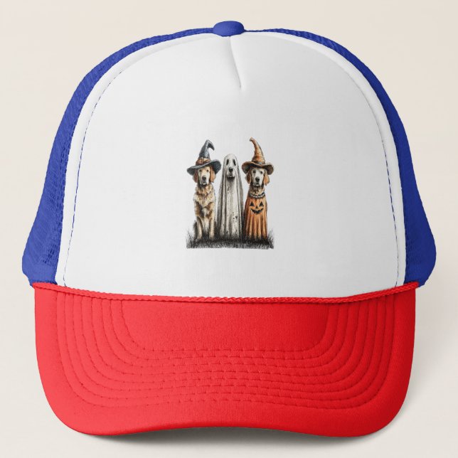 Halloween Ghost Golden Retriever Dog Trucker Hat (Front)