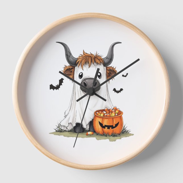 Halloween Ghost Highland Cow PNG Clock (Front)