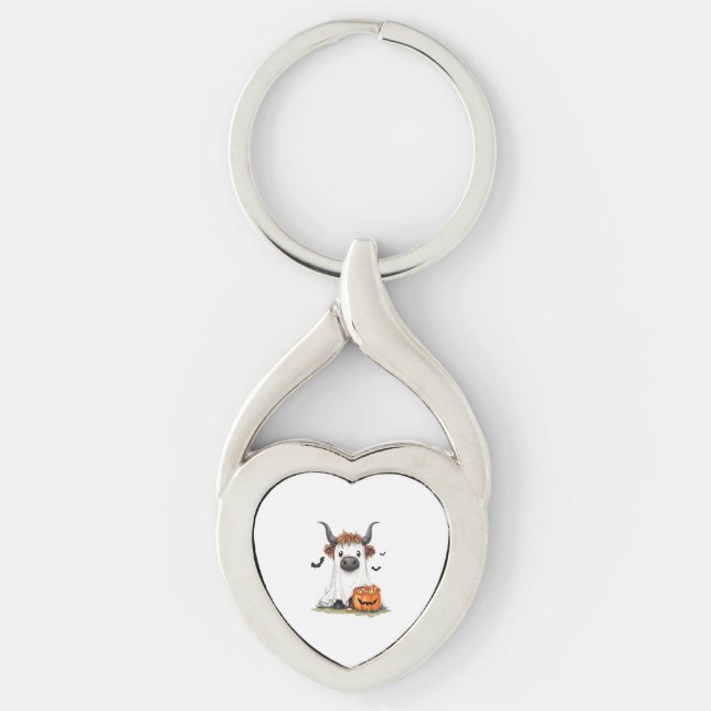 Halloween Ghost Highland Cow PNG Keychain (Front)