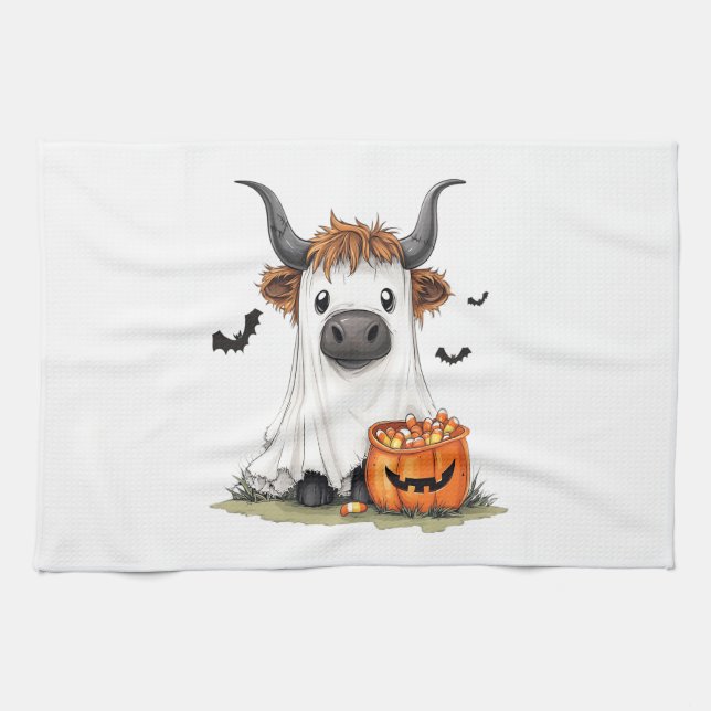 Halloween Ghost Highland Cow PNG Kitchen Towel (Horizontal)
