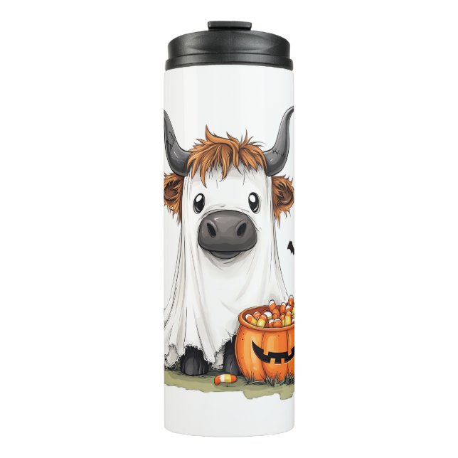 Halloween Ghost Highland Cow PNG Thermal Tumbler (Front)