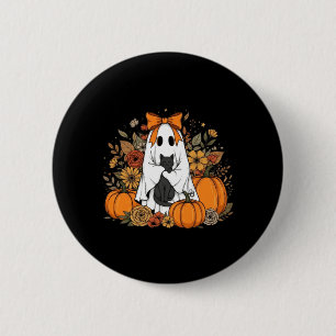 Halloween Ghost Holding Black Cat Groovy Floral 2 Inch Round Button
