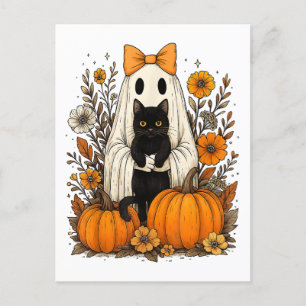 Halloween Ghost Holding Black Cat  Holiday Postcard