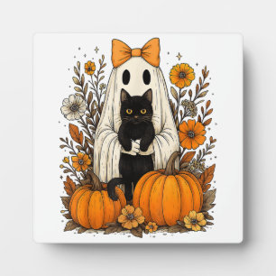 Halloween Ghost Holding Black Cat  Plaque