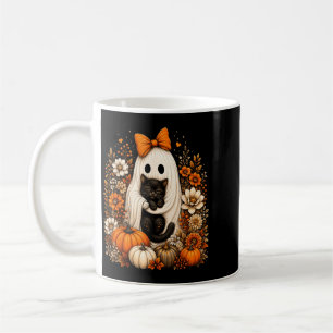 Halloween Ghost Holding Black Cat Pumpkin Floral Coffee Mug