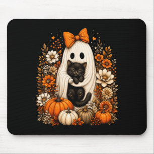 Halloween Ghost Holding Black Cat Pumpkin Floral Mouse Pad