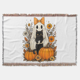 Halloween Ghost Holding Black Cat Throw Blanket