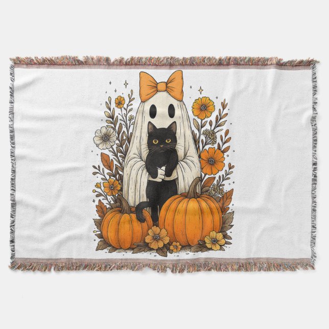 Halloween Ghost Holding Black Cat  Throw Blanket (Front)