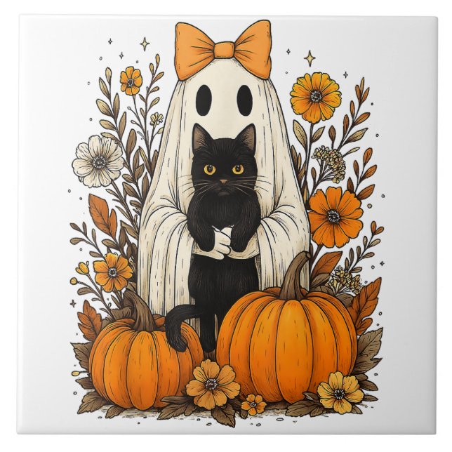 Halloween Ghost Holding Black Cat  Tile (Front)