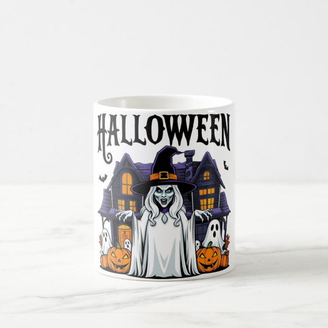 Halloween ghost house, pumpkins, witch, bats  coffee mug (Center)