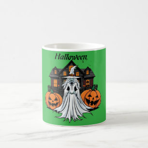 Halloween ghost house, pumpkins, witch, bats coffee mug