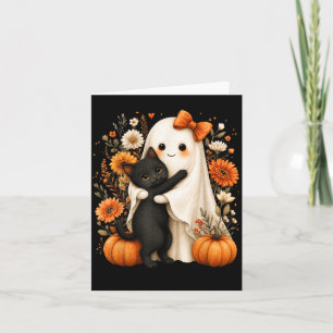 Halloween Ghost Hugging Black Cat Pumpkin Floral Card