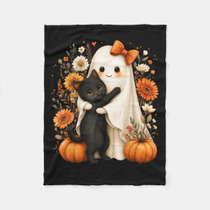 Halloween Ghost Hugging Black Cat Pumpkin Floral Fleece Blanket