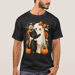 Halloween Ghost Hugging Black Cat Pumpkin Floral T-Shirt