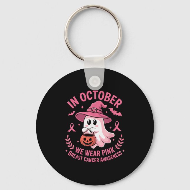 Halloween Ghost In October We Wear Nk Breast Cance Keychain (Front)