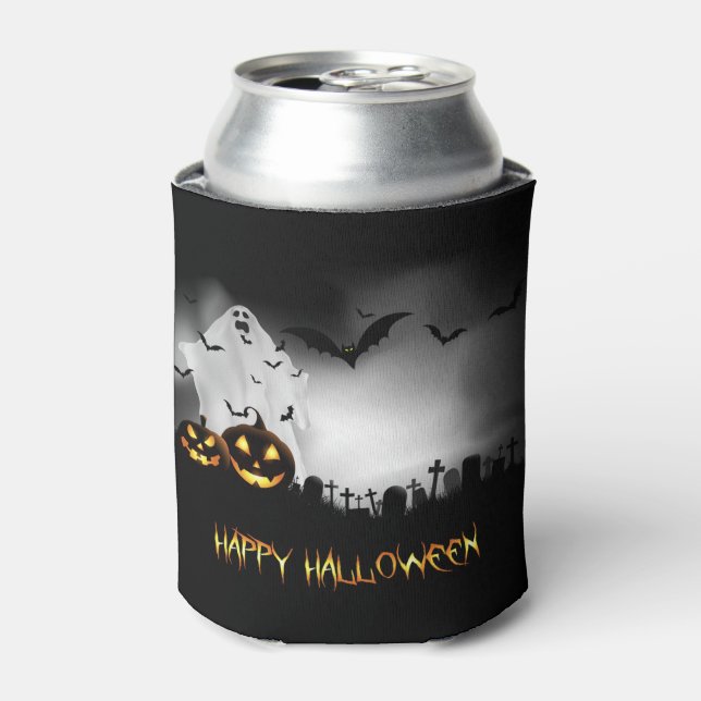 Halloween Ghost Jack-o-lanterns and Bats Can Cooler (Can Front)