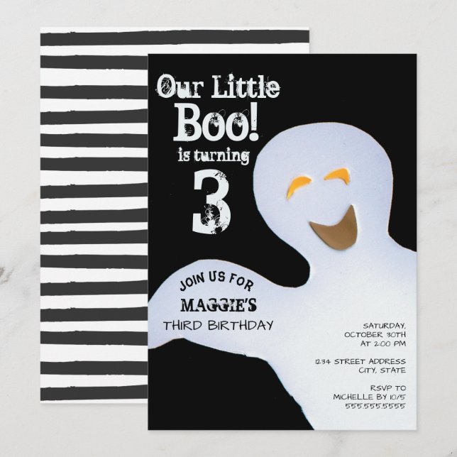 Halloween Ghost Little Boo Turning 3 3rd Birthday Invitation (Front/Back)