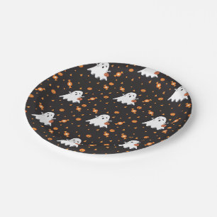 Halloween Ghost Pattern Black Paper Plate