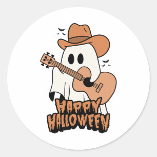 Halloween ghost playing guitar  classic round sticker