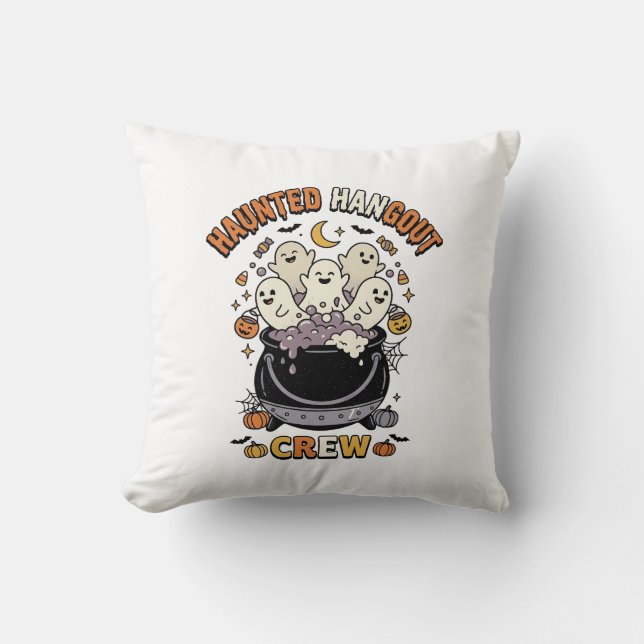 Halloween Ghost Pumpkin Crew Throw Pillow (Front)