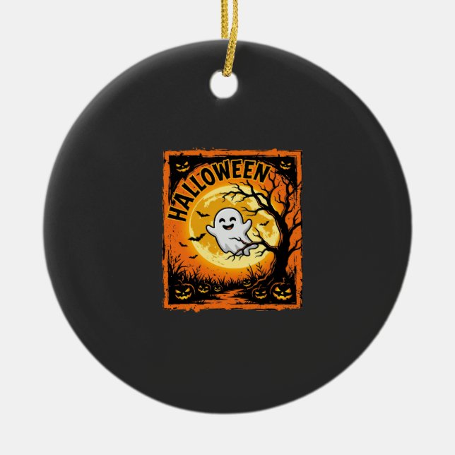 Halloween Ghost Pumpkin Haunted Tree Ceramic Ornament (Front)