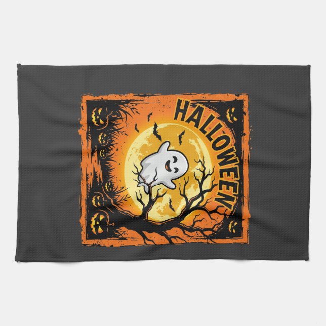Halloween Ghost Pumpkin Haunted Tree Kitchen Towel (Horizontal)