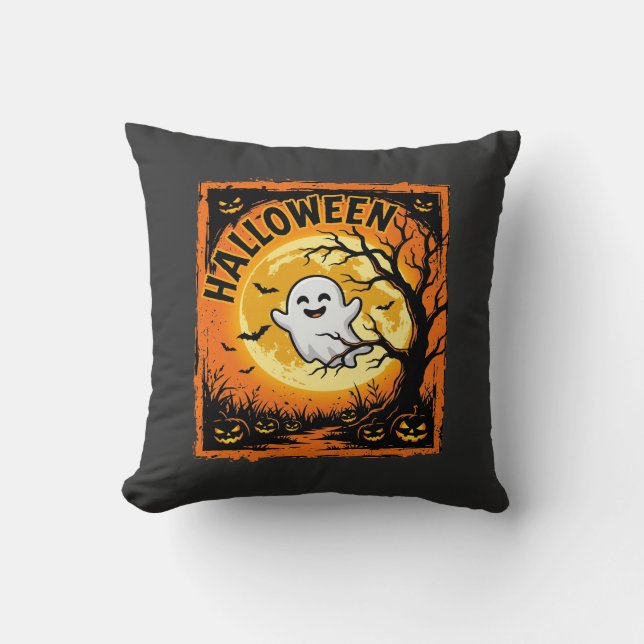 Halloween Ghost Pumpkin Haunted Tree Throw Pillow (Front)