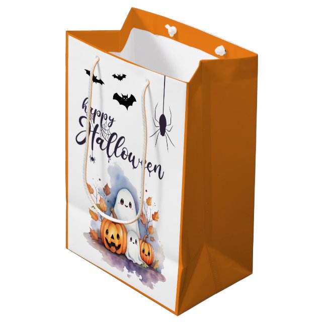 Halloween Ghost Pumpkin Medium Trick or Treat Bag (Front Angled)