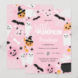 Halloween Ghost Pumpkin Pink Birthday Party Invitation